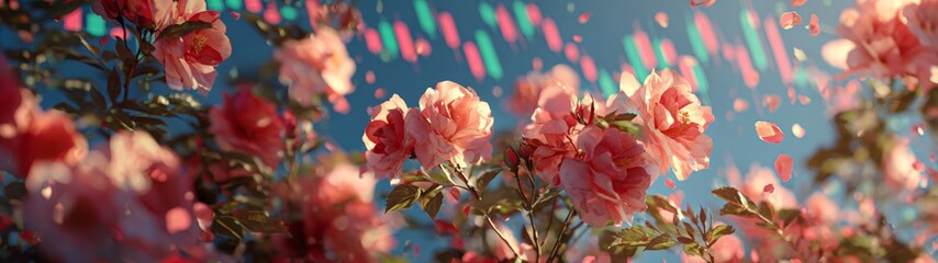 Radiant rose blossoms under a crystal clear spring sky. Portfolio growth. Subtle shades: white-tinged rose hips bloom with elegance under a vast sky. Risk management. Currency movement.