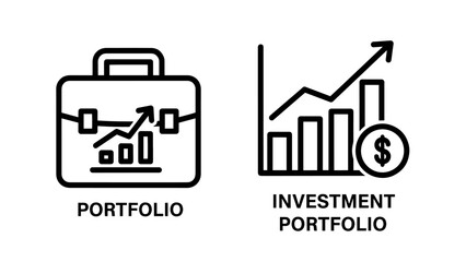 Investment portfolio and growth chart icons: business finance concept icons in black line art, showing a briefcase with graph and a bar chart with rising arrow and dollar sign