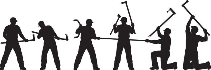 Naklejka premium Black Solid Mechanic Using Breaker Bar Silhouettes Set of Six on White Background