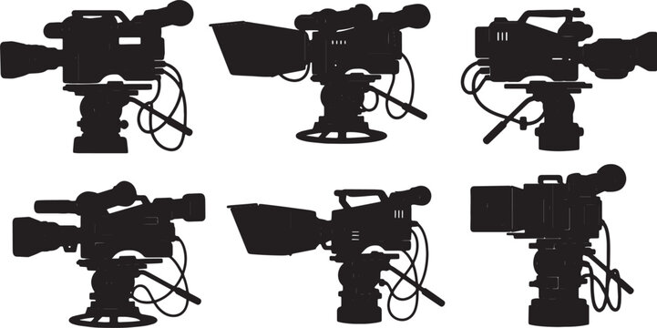 Black Solid Broadcast Studio Camera Silhouettes Set of Six on White Background
