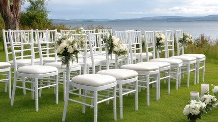 A wedding decor features white flowers and greenery arranged near a lake with chairs for guests. The scene captures a natural setting