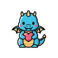 Naklejka premium Cute blue dragon cartoon holding a heart.