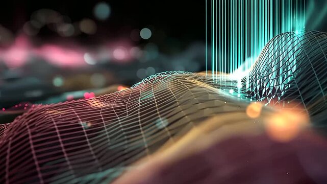 Abstract wide format digital data visualization artwork a sweeping landscape of layered transparent graphs and data streams flowing diagonally across a dark field the foreground