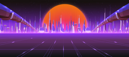 Fototapeta na wymiar City skyline with neon glow and retro 80s vibes. Futuristic cityscape with large red sun, purple grid and synthwave aesthetics. Vector illustration for vaporwave poster or party flyer design.