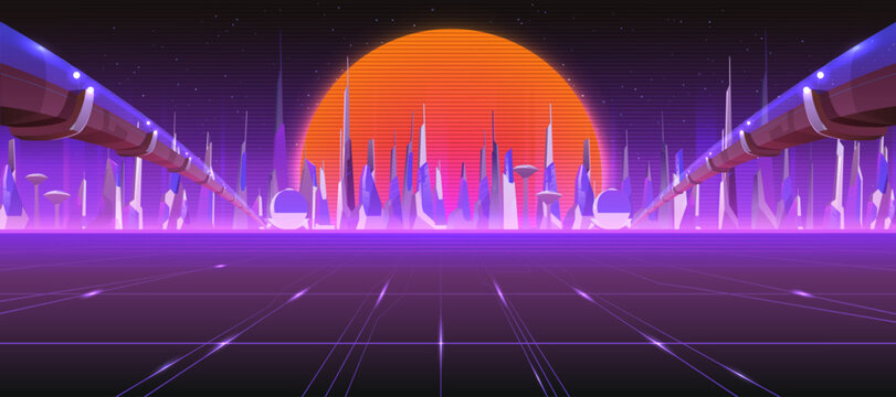 City skyline with neon glow and retro 80s vibes. Futuristic cityscape with large red sun, purple grid and synthwave aesthetics. Vector illustration for vaporwave poster or party flyer design.