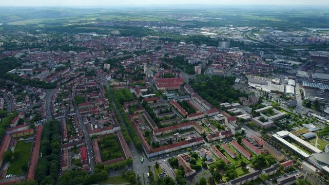 Aerial panoramic view beside the old town of the city Schweinfurt in Germany, Bavaria on a cloudy spring noon