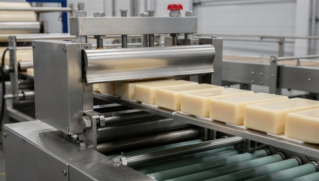 Medium shot of singlelane soap extrusion with plodder pushing soft soap logs through mold cutter precisely slicing equalsized bars in clean industrial setting.