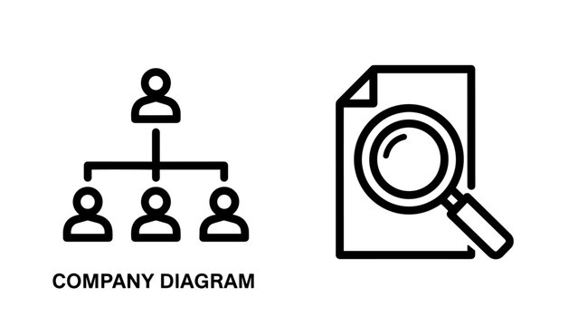 Company diagram and document with magnifying glass icons representing organizationai structure and anaiysis, business concept graphics