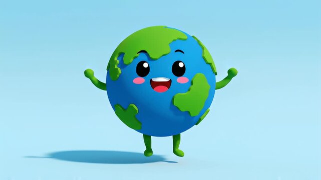 Adorable cartoon Earth character with a smiling face, waving its hands and legs in a playful pose on a bright blue background, representing environmental awareness and global fun