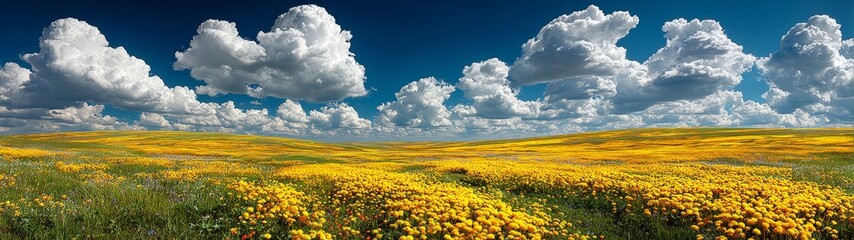 Obraz premium Nature's canvas: capturing the essence of meadow tranquility. Retro futurism. Expansive greenery and lush dandelions under clear blue skies. Editorial style. Modern graphics.