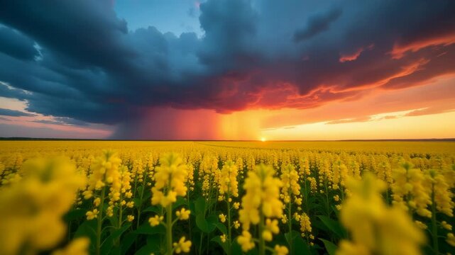 Video A sunny day scene with a vast field of bright yellow flowers under a cloudy sky, perfect for spring or summer themed projects