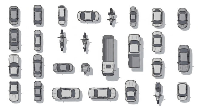 Overhead view of various vehicles parked in a lot.