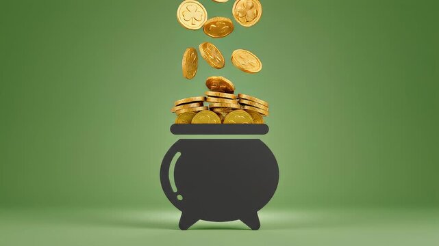 A pot of gold coins falling into a cauldron on a green background, symbolizing wealth and fortune