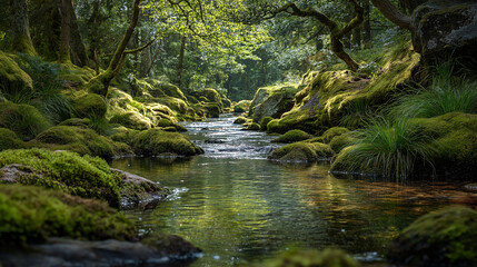 Forest Stream Serenity: A pristine stream meanders gracefully through a dense forest, reflecting the lush greenery and sunlight. mossy rocks and ancient trees create a serene atmosphere. 