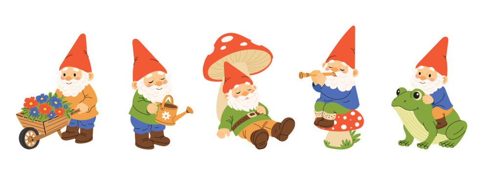 Cute garden gnome characters doing gardening activities. Funny dwarf with watering can, flowers, resting under mushroom, playing flute and riding frog. Fairy garden vector illustration set.