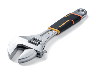 Obraz premium Metal adjustable wrench with orange and black grip on white