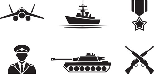 Navy and air force military symbols including jet fighter warship medal and armored tank © Joynab