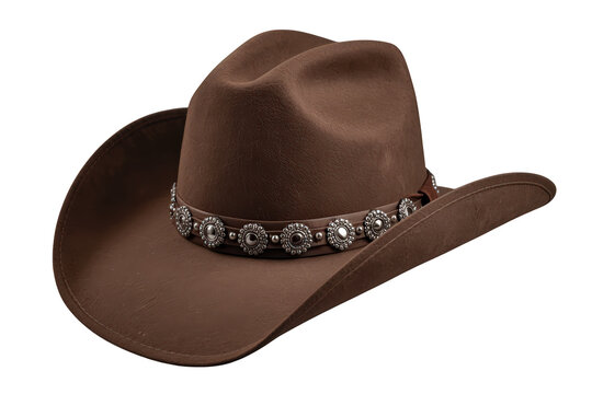 Traditional western cowboy hat in brown felt with decorative silver conchos for ranching style