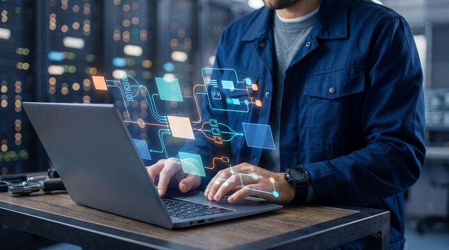 Data infrastructure and data pipeline development. Data integration. Engineer using laptop computer to design data processing system and data warehouse.
