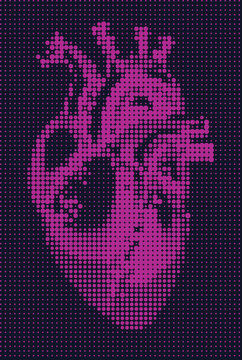 Vibrant pink halftone heart on dark purple background with pixelated texture and bold graphic design