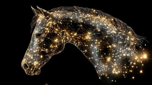 Light forms surround a horse's head in captivating designs during a nighttime setting at an outdoor event filled with excitement