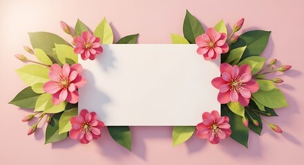 Obraz premium Floral frame with pink flowers and green leaves on a soft pink background