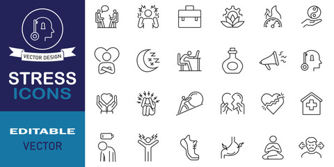 Fototapeta premium Stress line icon set symbol collection. Set of 24 outline icons including as relaxation, empathy, self‑care, emotional support, anxiety, meditation, relaxation and more. Linear vector illustration.