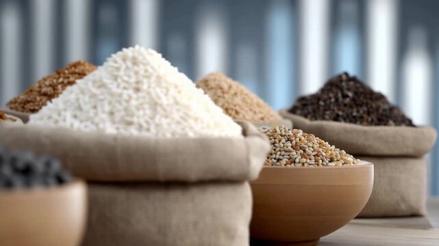 Different types of grains and seeds are arranged in bowls and sacks on a wooden table in a simple setup