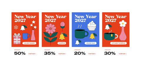 Fototapeta premium New Year 2027 Sale – Festive Promo Banners Featuring 50%, 35%, 20% & 30% OFF Deals
