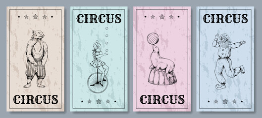 Vintage circus banners. Cirque sketch line drawing. Clown performance. Juggler on unicycle. Trained bear. Seal tricks. Festival entertainment. Magician show. Vector retro cards set © SpicyTruffel
