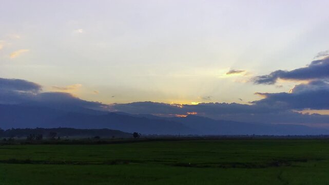 Sunset in Cupak Village, Kerinci, Jambi with beautiful green rice fields in summer