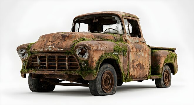An old, rusty, abandoned pickup truck covered in moss, showcasing a vintage, weathered aesthetic