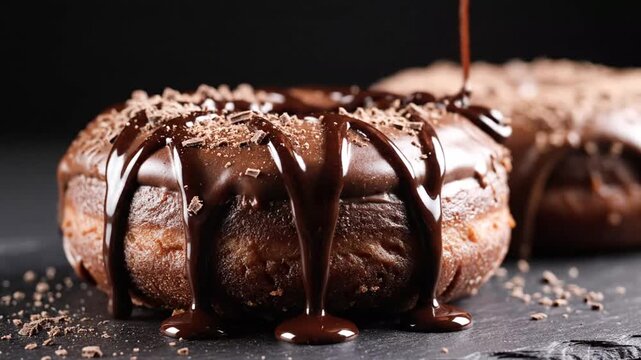 Decadent chocolate donuts being drizzled with rich melted chocolate on a black slate surface