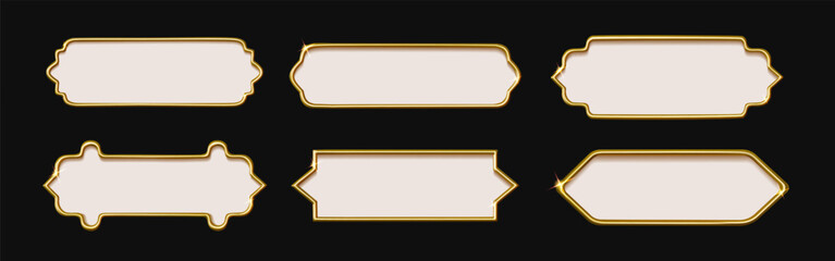 Luxury gold frame set. Islam background shape, ramadan title button or 3d golden banner. Thai label border for vintage box, metallic borders decorative elegant tag. Vector design elements