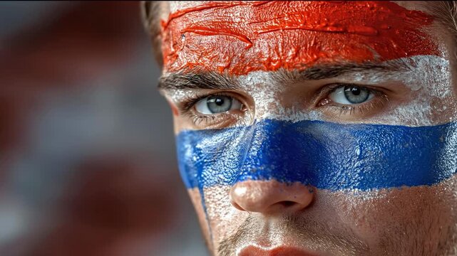 Paraguayan man with patriotic flag symbol face paint, celebrating Independence Day holiday, representing freedom, national pride, cultural heritage, festive events