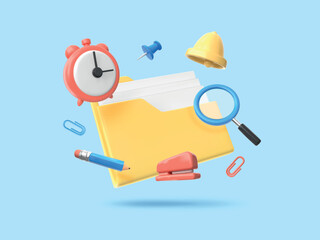 3D document icons. Administration and accounting. Render folder or office service for paper doc. Database file elements. Management audit magnifier. Stationery and bell. Vector concept