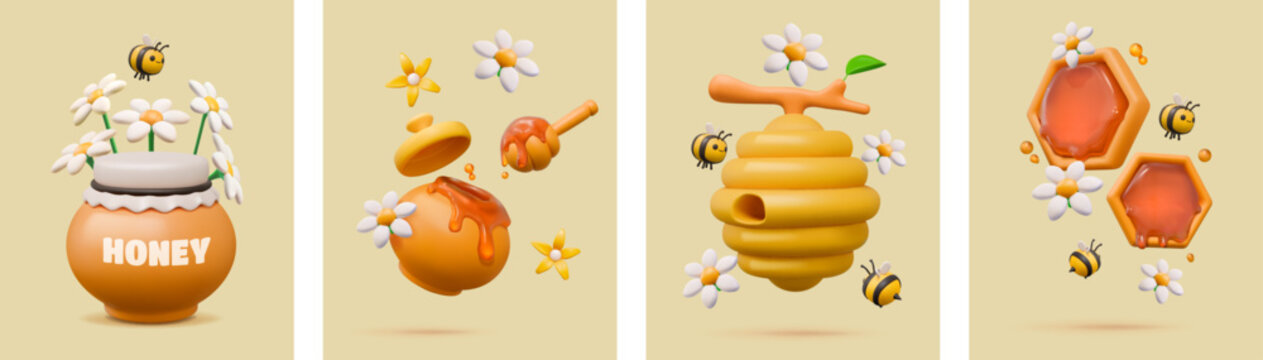 3D bee hive. Cute nature hone. Honeycomb plastic gold product for healthy natural food. Honeybee fly. Summer flowers. Wax beehive at branch. Beekeeping cards. Apiary vector banners set
