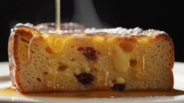 Close-up of a freshly baked fruitcake with honey drizzle captured from multiple angles