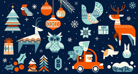 Christmas icons. Folk holiday pattern, vintage season bird ornament or gift wrapping wallpaper, festive winter decor. Cheerful celebration owl and rabbit cartoon. Vector isolated stickers set