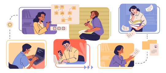 Project workflow. People work in office, network communication in computer or supervise system feedback. Employee planning and coding, organized task vector cartoon isolated graphic concept