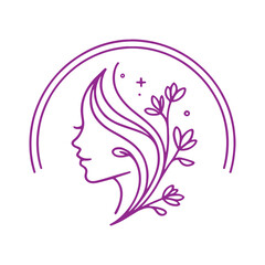 Elegant profile silhouette with flowing hair and floral accents in a circular frame