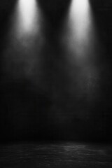 Three spotlights pierce dark fog