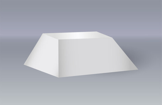 3d stand. Trapezoid shape. White empty podium for product presentation and exhibition, simple grey award background, block form, showroom exposition. Geometric vector isolated mockup