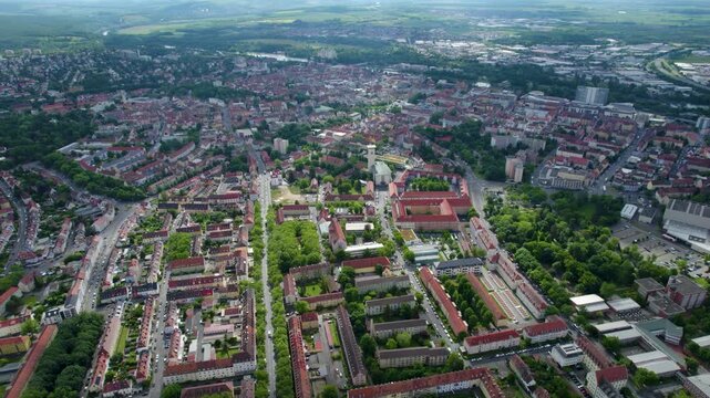 An aerial view beside the old town above the city Schweinfurt , Germany on a sunny day in spring
