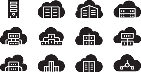 Black and white of buildings and servers on clouds
