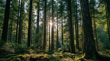 Fototapeta premium A serene forest scene with tall trees, sunlight filtering through, and a path leading through the undergrowth.