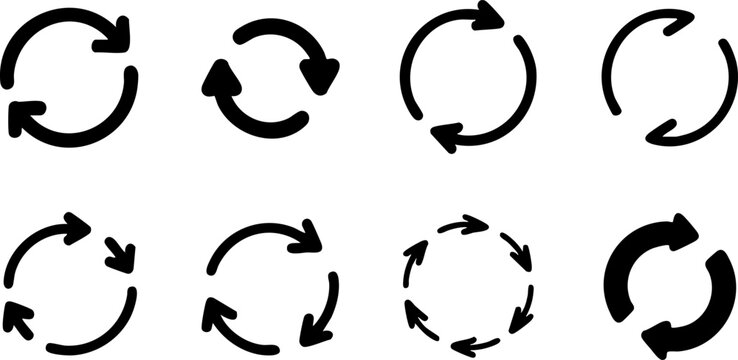 Nine black circular arrows with different rotation directions and styles