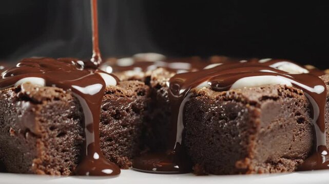Close-up sequence of rich chocolate brownie dessert with molten chocolate drizzle on top visually appealing