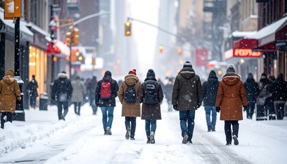 Obraz premium People walking down snowy street in winter weather conditions.