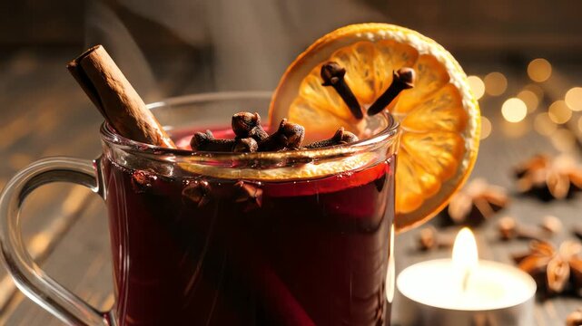 Close up of a glass of warm spiced beverage with citrus garnish and cinnamon stick
